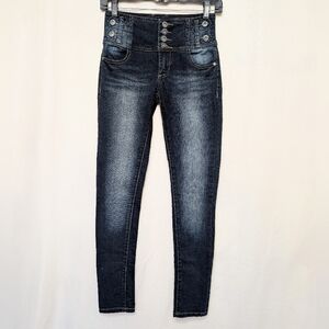 High Rise Button Up Dark Wash Stretchy Skinny Jeans
